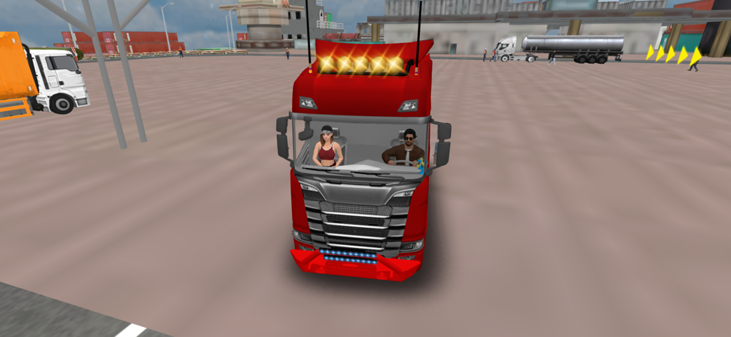 Euro Cargo Truck Driver Games - Vista frontal de un camión de carga rojo con dos personajes en la cabina