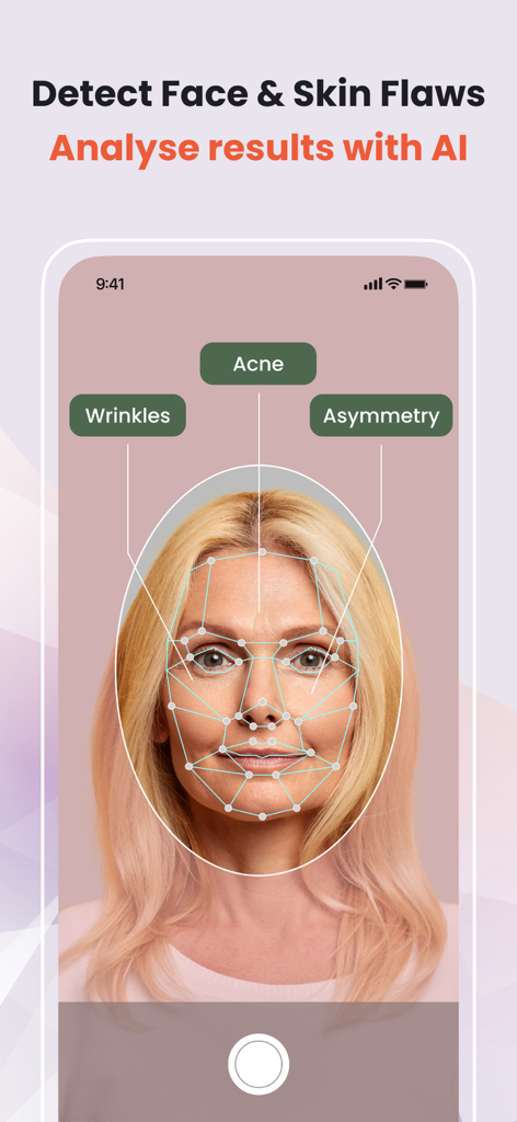 Young Face: Face Yoga Exercise - AI facial scan mapping wrinkles acne and asymmetry on a woman's face for personalized skincare analysis