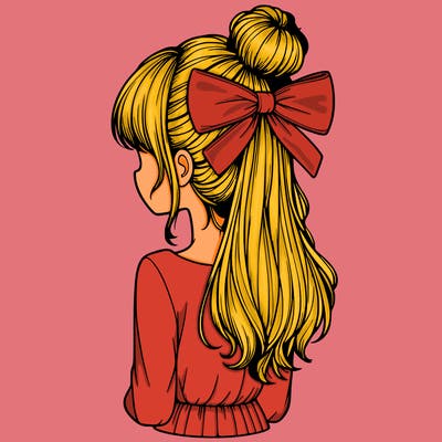 realistic girl  with hip length hair a bun and a big bow on the back of head