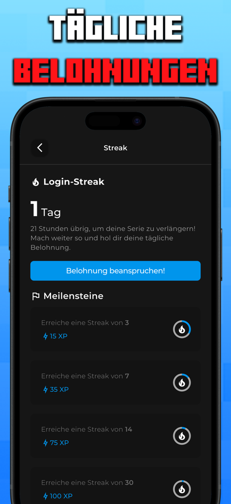 Interface de l'application OPSUCHT montrant la série de connexions quotidiennes et les jalons de récompenses pour le serveur Minecraft