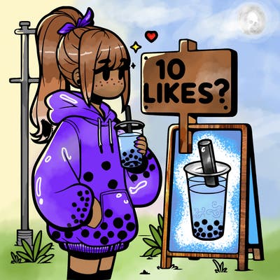 girl with oversized hoodie drinking boba and she has a high ponytail with a sign that says 10likes?