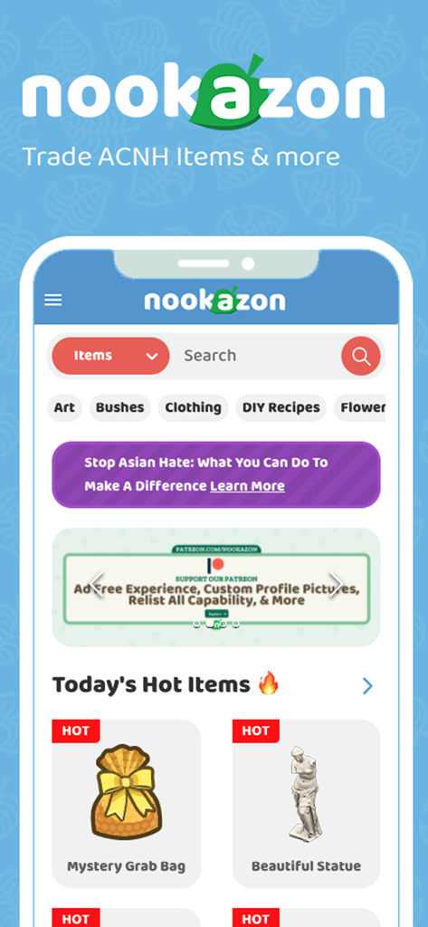 Nookazon - Nookazon mobile app interface showing search categories and hot items for trading in Animal Crossing New Horizons.