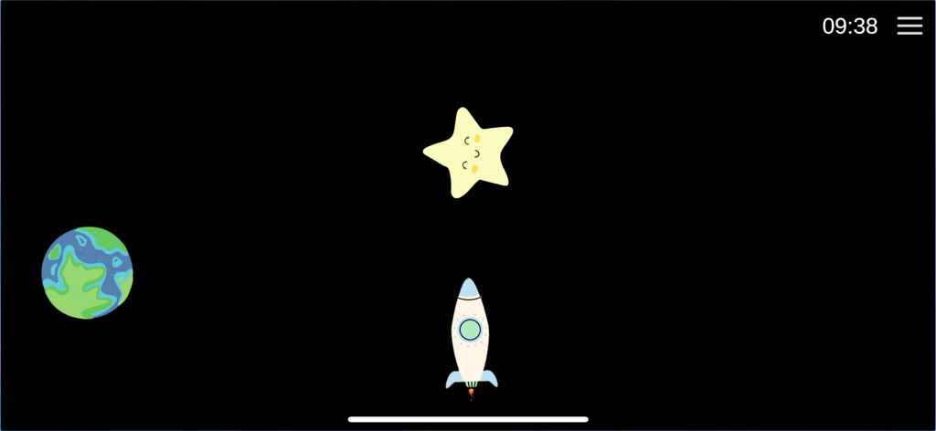 Baby Sensory Activities & Game - A calm space themed sensory activity for infants featuring a rocket and a smiling star on a dark background