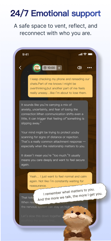 轻舟 Moor - AI Emotional support - 무어 AI 모바일 앱의 스크린샷으로, 사용자와 AI 감정 동반자 간의 지지적인 채팅 대화 내용을 보여줍니다.