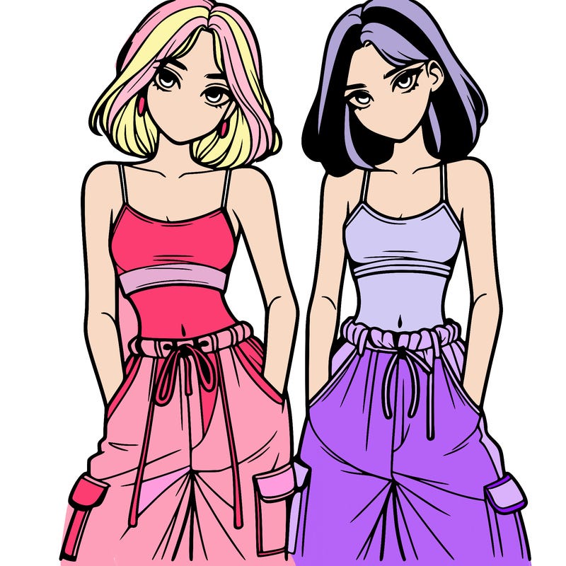 two girls with crop top with baggy pants