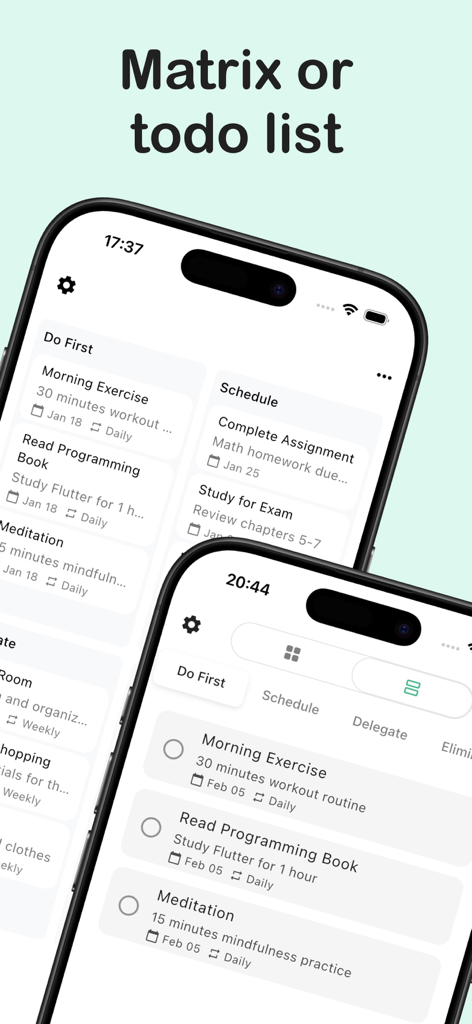 Eisenhower Matrix:Task Planner - アイゼンハワーマトリックスタスク管理アプリのマトリックスビューとToDoリストビューの比較