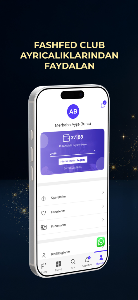 FashFed – Online Alışveriş - FashFed App Benutzerprofil-Oberfläche, die Treuepunkte und den Mitgliedschaftsstatus anzeigt