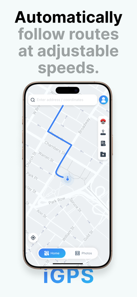 iGPS Spoofer: Location Changer - iGPS Spoofer App-Oberfläche, die eine blaue Navigationsroute auf einer Stadtkarte mit einstellbaren Geschwindigkeitseinstellungen anzeigt