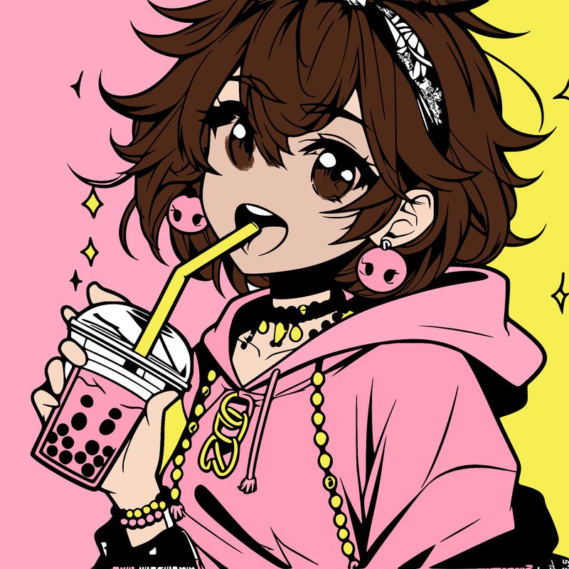 hot baddie anime girl drinking boba and biting the straw