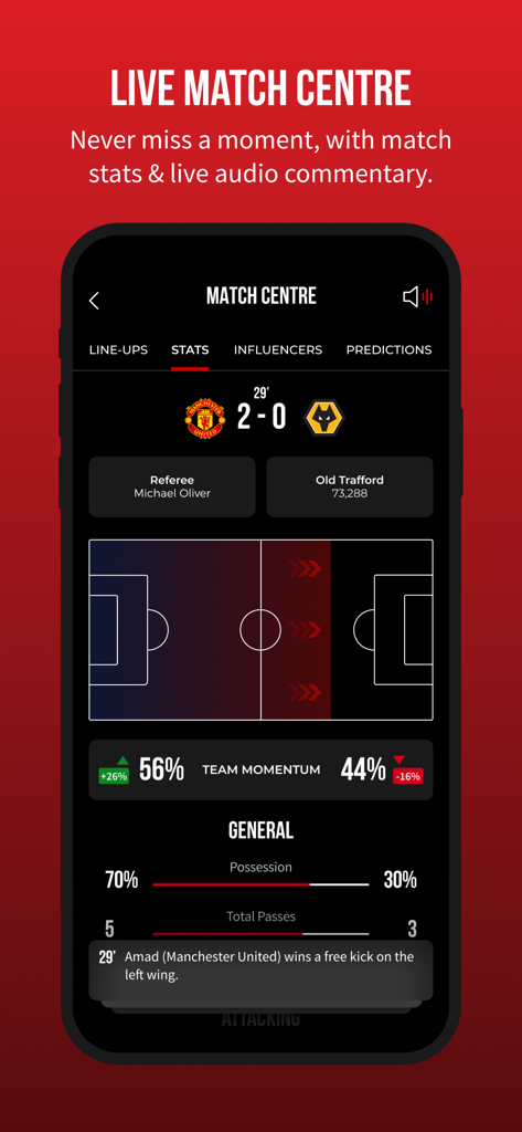 Manchester United Official App live match centre showing game statistics and team momentum