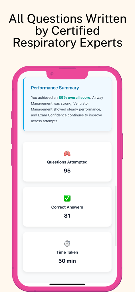 RRT/CRT: Respiratory Mastery - Performance summary dashboard showing exam scores and metrics in the Respiratory Mastery app.