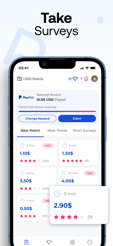 Prime Opinion app interface showing a 15 dollar PayPal reward claim and available surveys with cash rewards and estimated completion times.