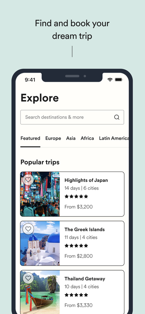 EF Ultimate Break app explore screen showing popular group trips to Japan, Greece and Thailand