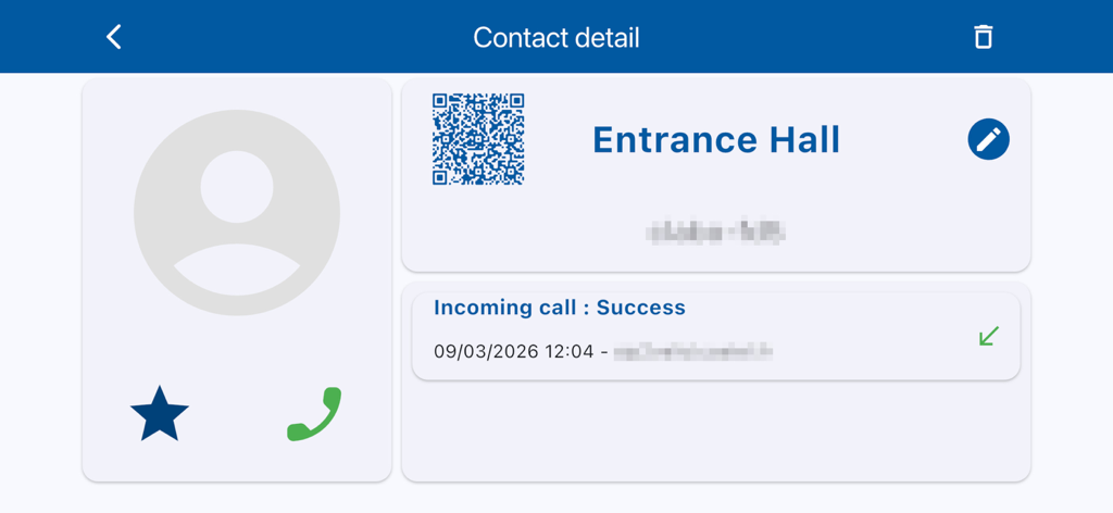 Castel SIP - Écran de détail du contact de l'application Castel SIP pour un poste d'interphone de hall d'entrée montrant l'historique des appels.
