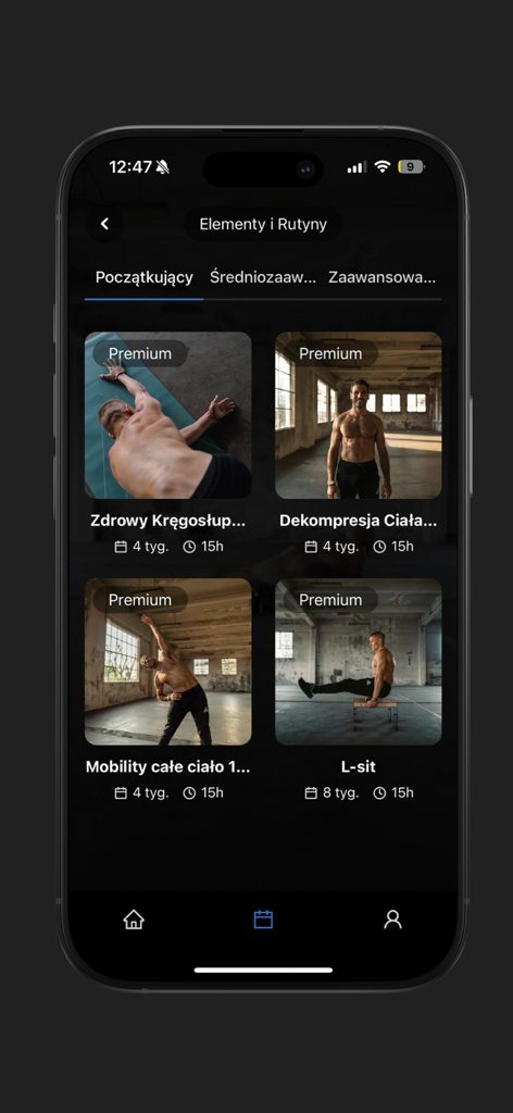 Caliathletics - Interfaz de la aplicación Cali athletics que muestra rutinas de entrenamiento para principiantes de movilidad y habilidades de calistenia