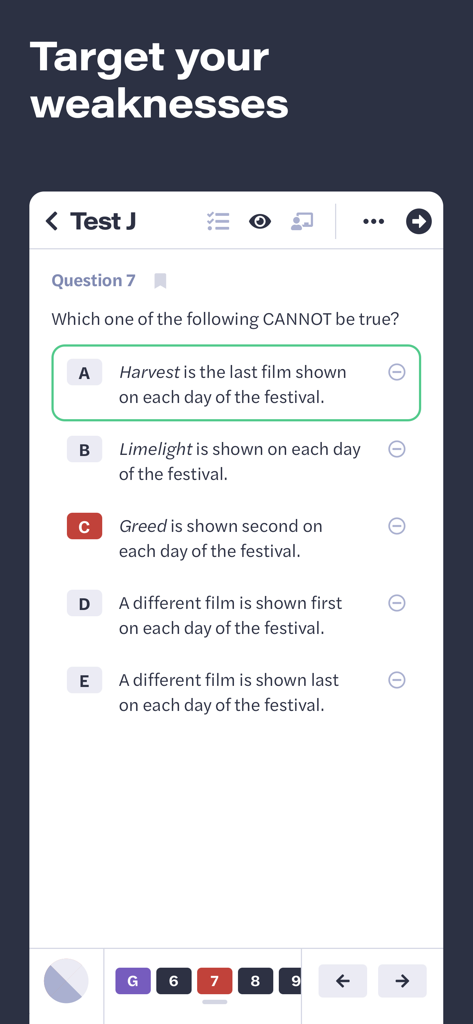 LSAT Demon - The LSAT Demon app interface showing a multiple-choice practice test question designed to target student weaknesses.