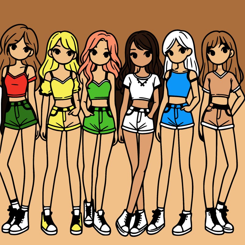 a group of girls wearing crop tops and shorts