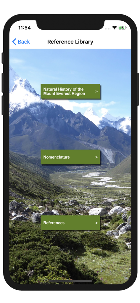 Wildflowers of Mount Everest - Reference Library screen of the Wildflowers of Mount Everest app showing links to Natural History and Nomenclature sections over a mountain landscape.