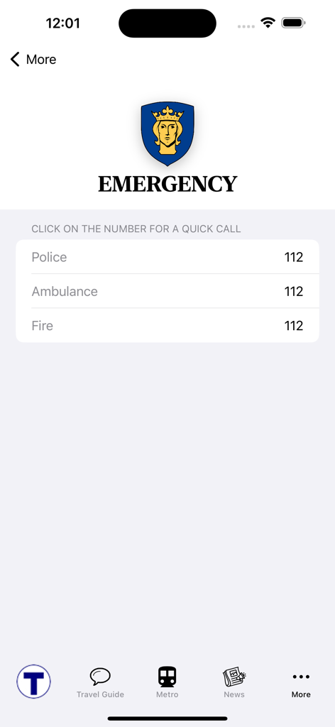 Stockholm Subway Map - Emergency contact screen in the Stockholm Subway Map app listing 112 for police, ambulance, and fire services.