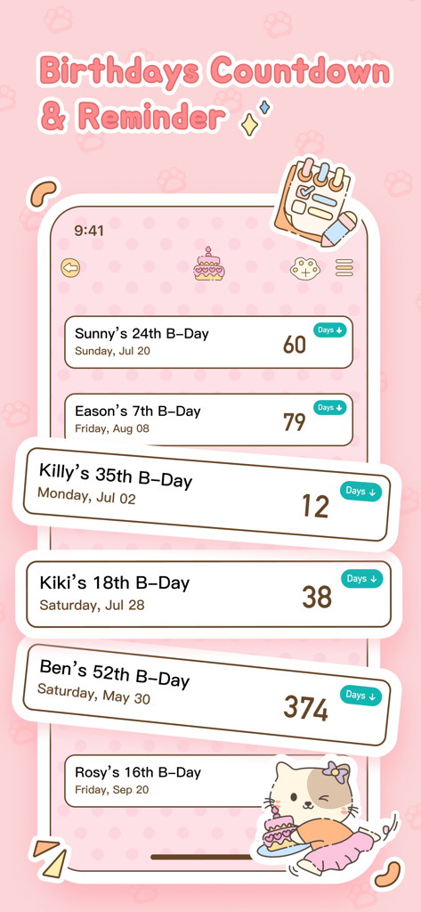 Cute pink mobile app interface displaying a list of upcoming birthdays with a countdown of days remaining for each person.