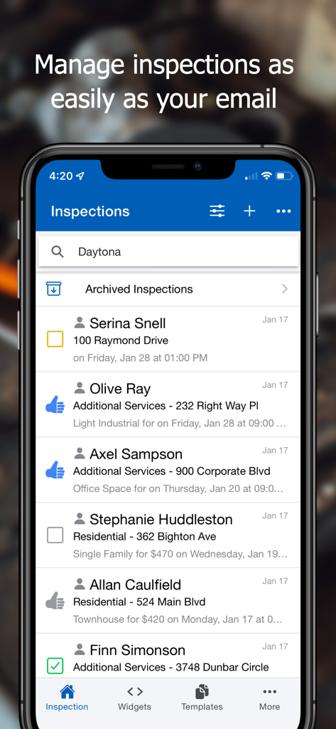 Inspector Toolbelt app interface showing a list of home inspections organized like an email inbox