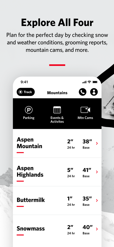 Aspen Snowmass App - Aspen Snowmass App mountain report screen showing real-time snow conditions and weather updates for four ski resorts