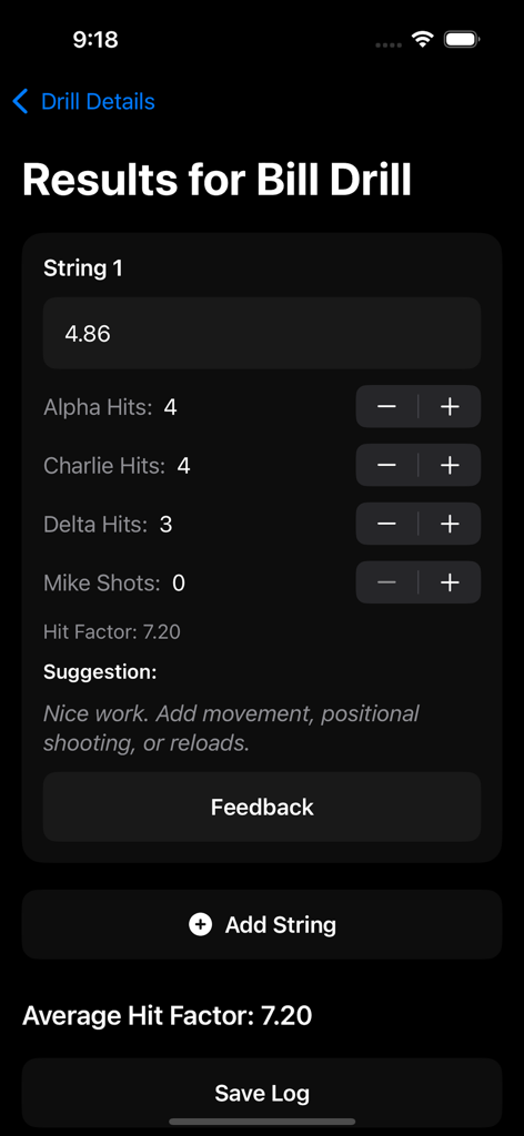 Drills 4 Skills - Results screen for a Bill Drill showing time hit zone counts and hit factor calculation