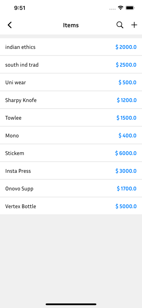 Easy Invoice & Estimate Maker - A screen displaying a list of products and services with their corresponding prices in the Easy Invoice app