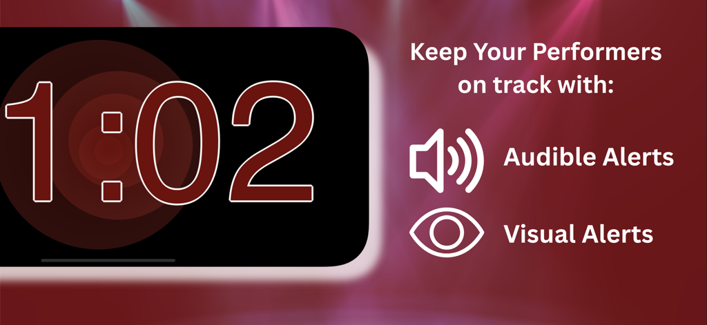 Stage Presence: Lite - Un temporizador de actuación digital que muestra un minuto y dos segundos con iconos de alertas audibles y visuales en un fondo de escenario rojo.