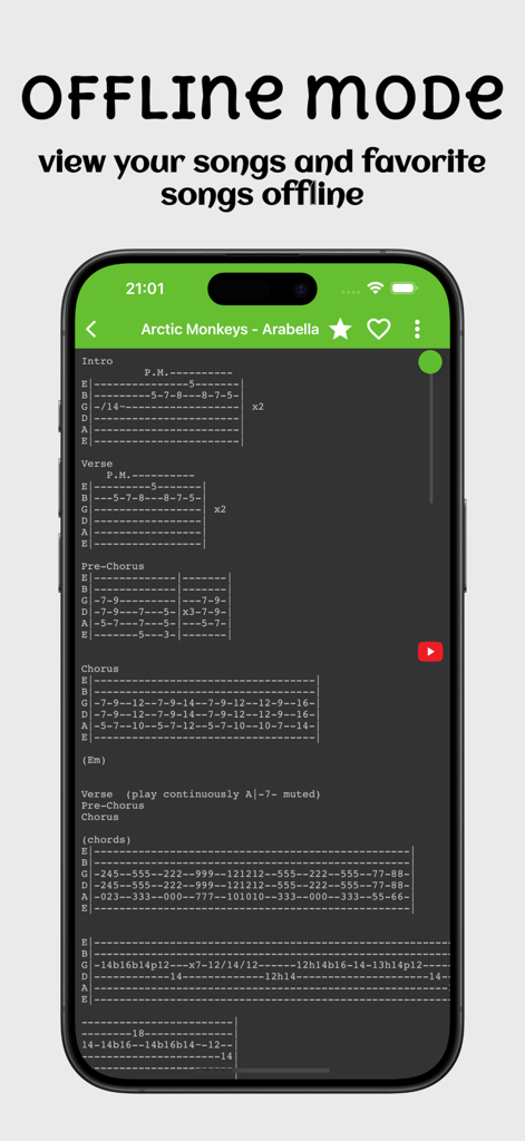 Guitar chords and tabs - Interfaz de aplicación móvil que muestra tablaturas de guitarra para la canción Arabella de Arctic Monkeys con un encabezado que promociona el acceso al modo sin conexión.