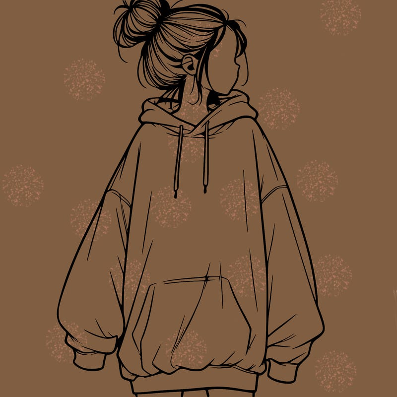 realistic girl with a oversized sweatshirt on and a bun