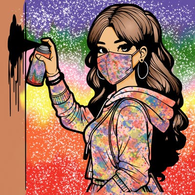 realistic girl with mask spray painting a wall