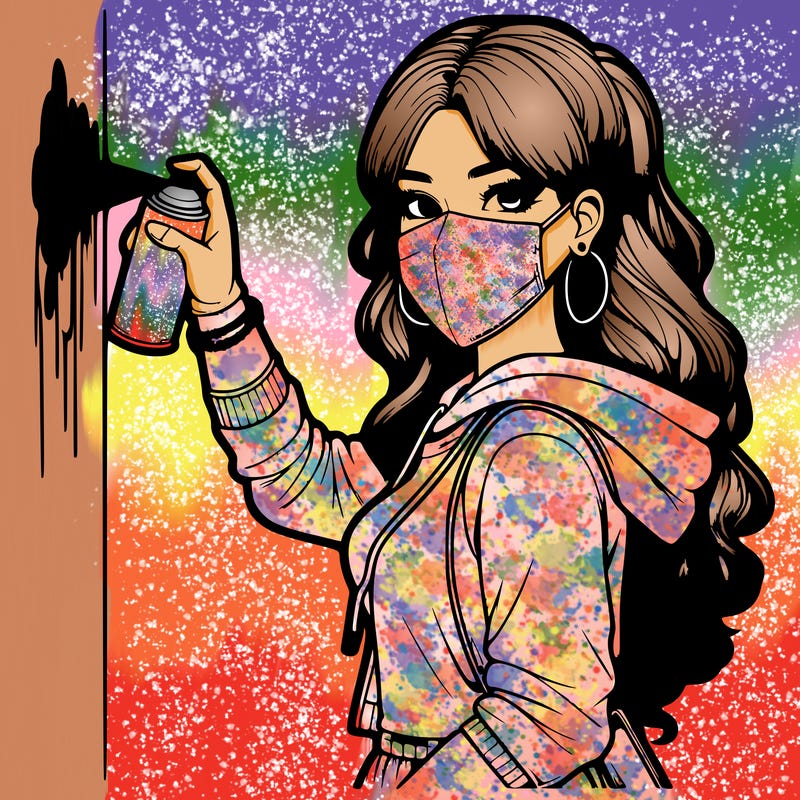 realistic girl with mask spray painting a wall