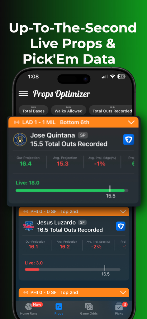 Props Optimizer mobile app interface showing up-to-the-second live player props and real-time MLB data tracking.