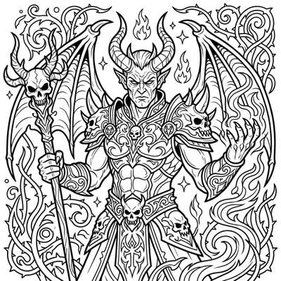 Dive into a realm of myth and power with this stunning demon fantasy character coloring page. Adorned with horns, wings, and fearsome armor, this intricate design offers a captivating challenge for artists of all levels.