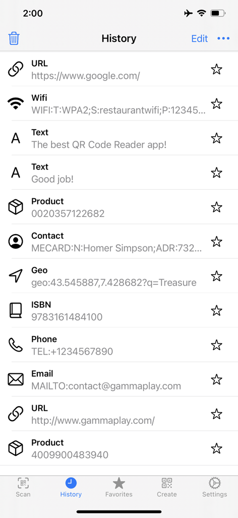 A list of previously scanned QR codes and barcodes in the app history tab