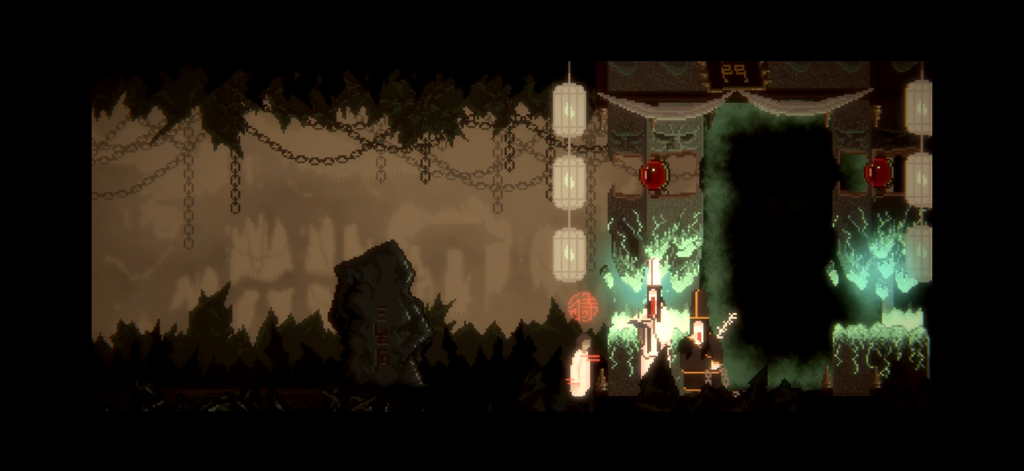 The Rewinder - Una escena de pixel art del personaje Yun conociendo espíritus mitológicos en un inframundo oscuro inspirado en el folclore chino