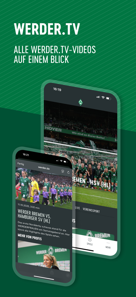 SV Werder Bremen - Schermata dell'app SV Werder Bremen che mostra highlights delle partite e video di calcio su Werder TV