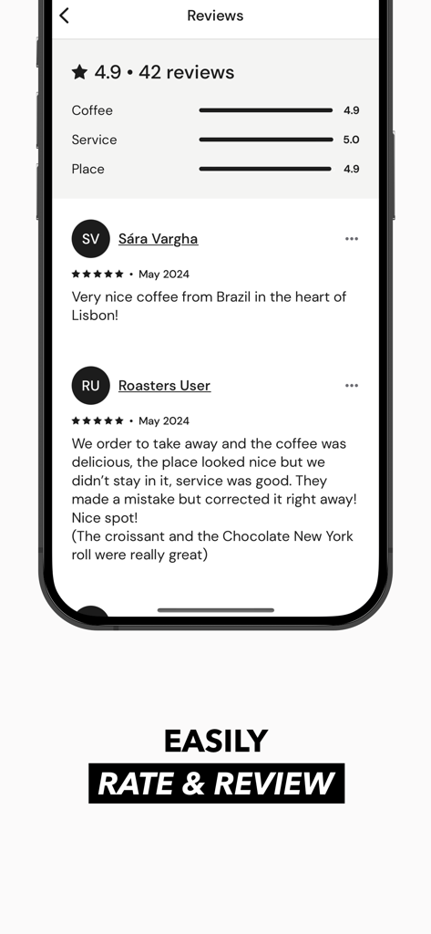 Roasters: Great Coffee Nearby - Screenshot of the Roasters app reviews screen showing a 4.9 star rating with categories for coffee service and place alongside user comments