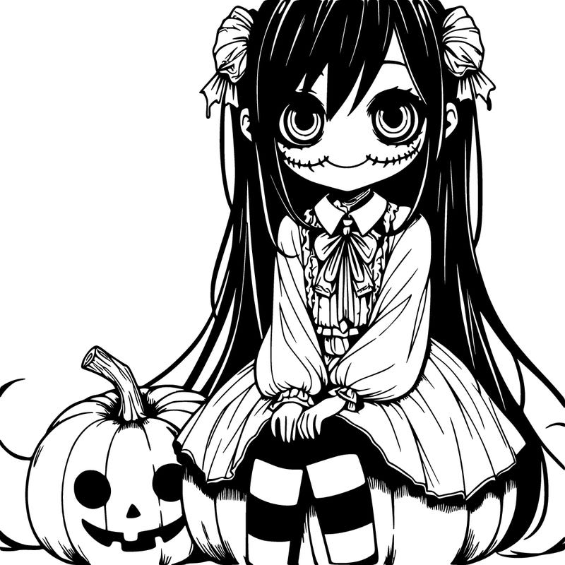 creepy anime woman sitting on a pumpkin
