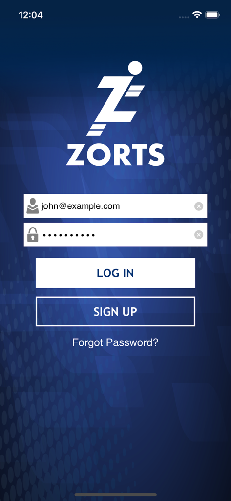 Écran de connexion et d'inscription pour l'application Zorts Sports.