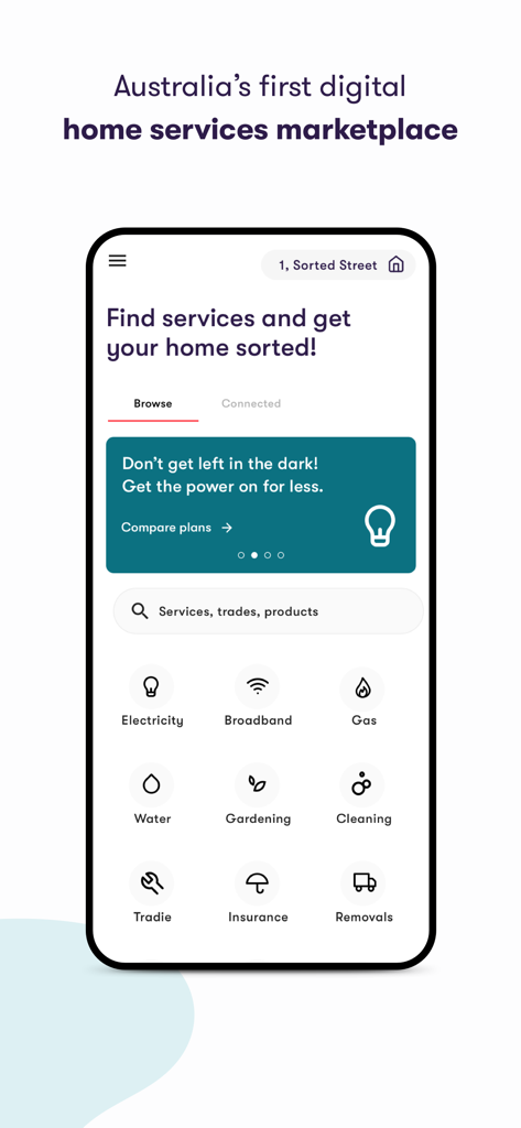 Dashboard der Sorted App mit verschiedenen Hausnebenkosten- und Dienstleistungsoptionen, einschließlich Strom, Internet und Reinigung