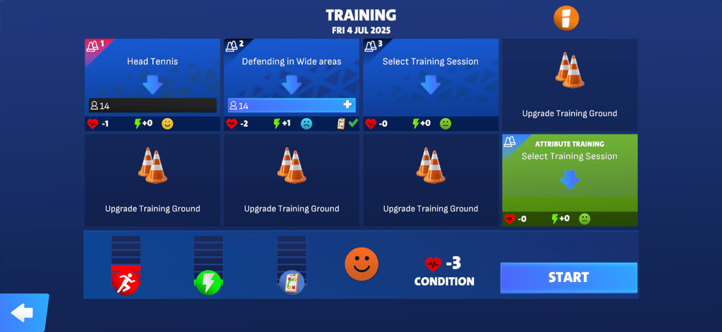 First Team Manager Season 2026 - Training session interface in First Team Manager 2026 showing soccer drill selections and team condition stats.