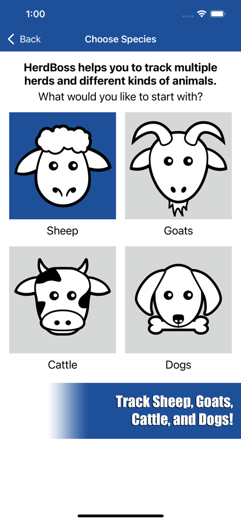 HerdBoss - HerdBoss app screen showing options to track sheep, goats, cattle, and dogs