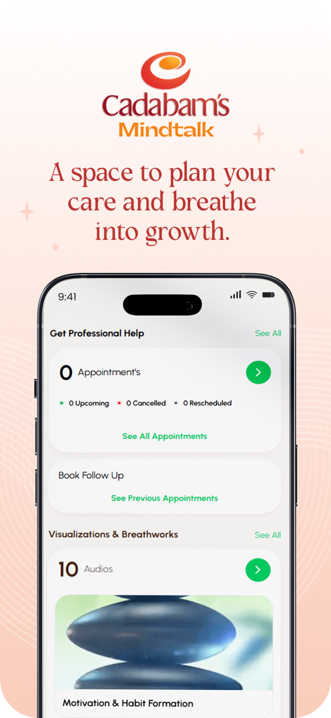 Cadabams Mindtalk app dashboard showing options for professional help and wellness visualizations