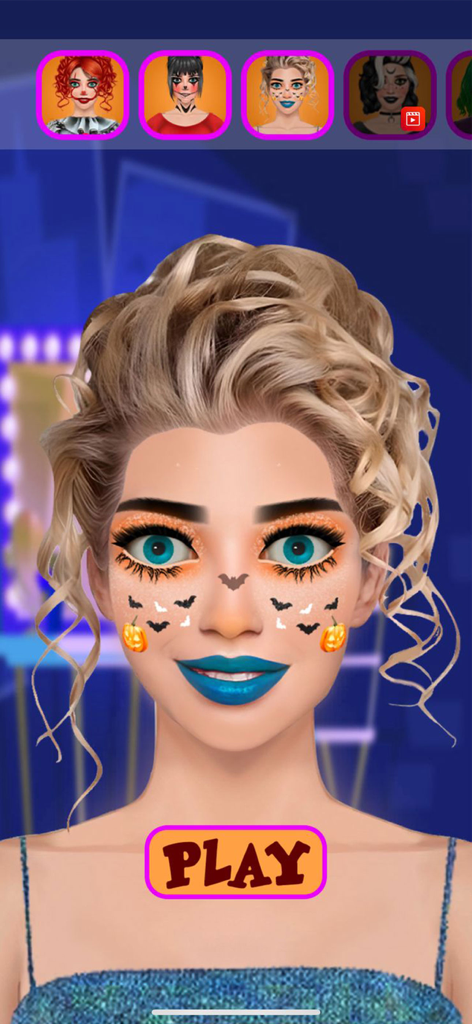 Halloween Makeup Salon Game - A character in a makeup game with blue lipstick and bat and pumpkin face stickers
