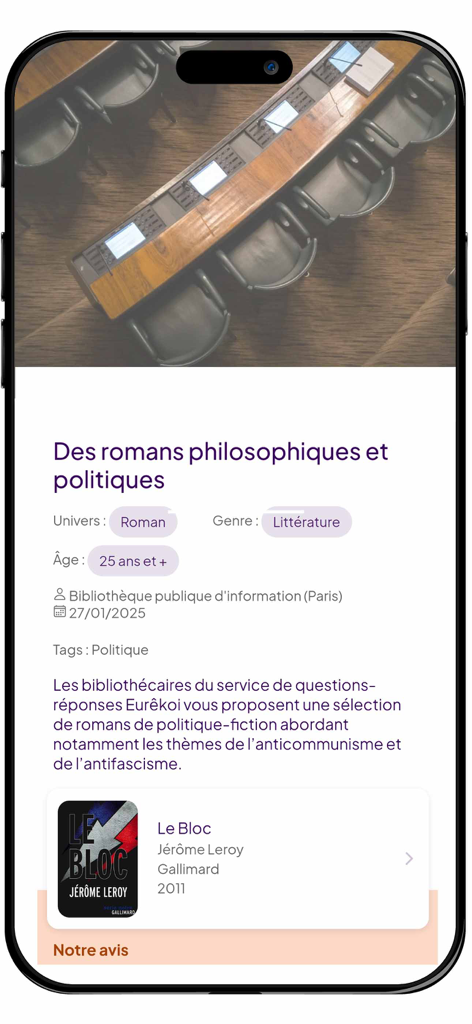 Eurêkoi - Écran de smartphone de l'application Eurekoi montrant une sélection organisée de romans politiques et philosophiques recommandés par des bibliothécaires