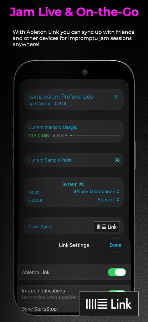 Samposium: Performance Sampler - Samposium app preferences screen showing Ableton Link synchronization settings for live music performance
