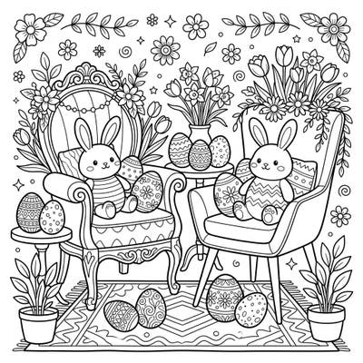 Celebrate Easter with this adorable coloring page featuring two stylish accent chairs adorned with plush bunnies and beautifully patterned eggs. Immerse yourself in a cozy spring scene, perfect for adding your personal touch of color to the festive decorations.