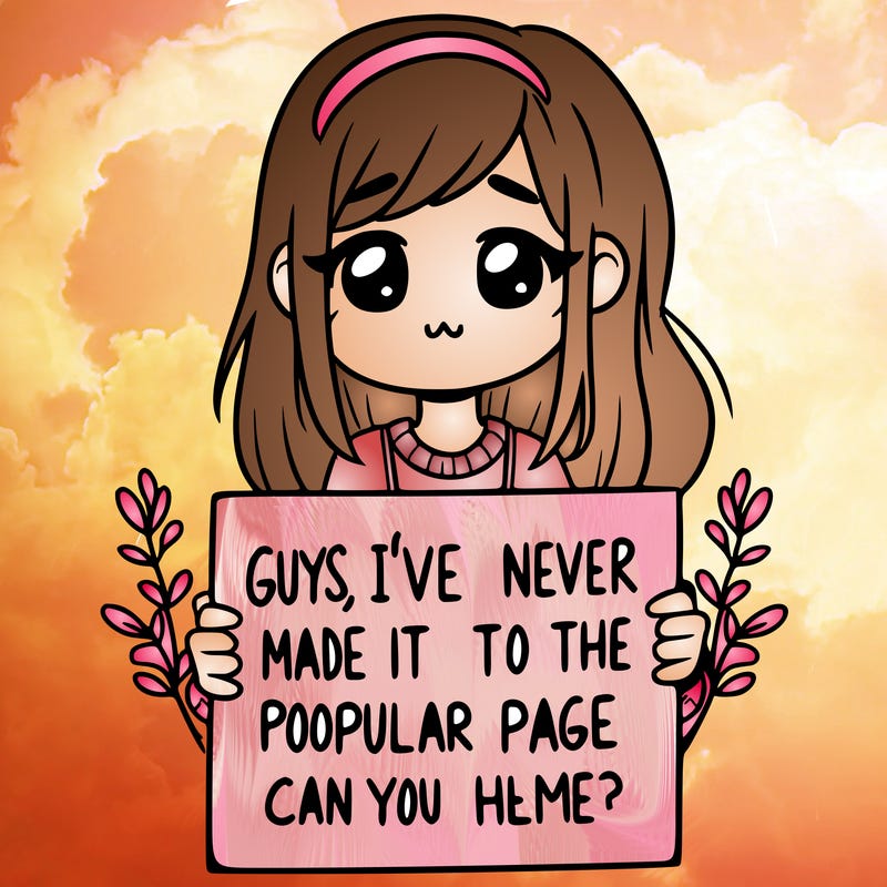 a girl holding up a sign that says, guys, i’ve never made it to the popular page, can you help me?